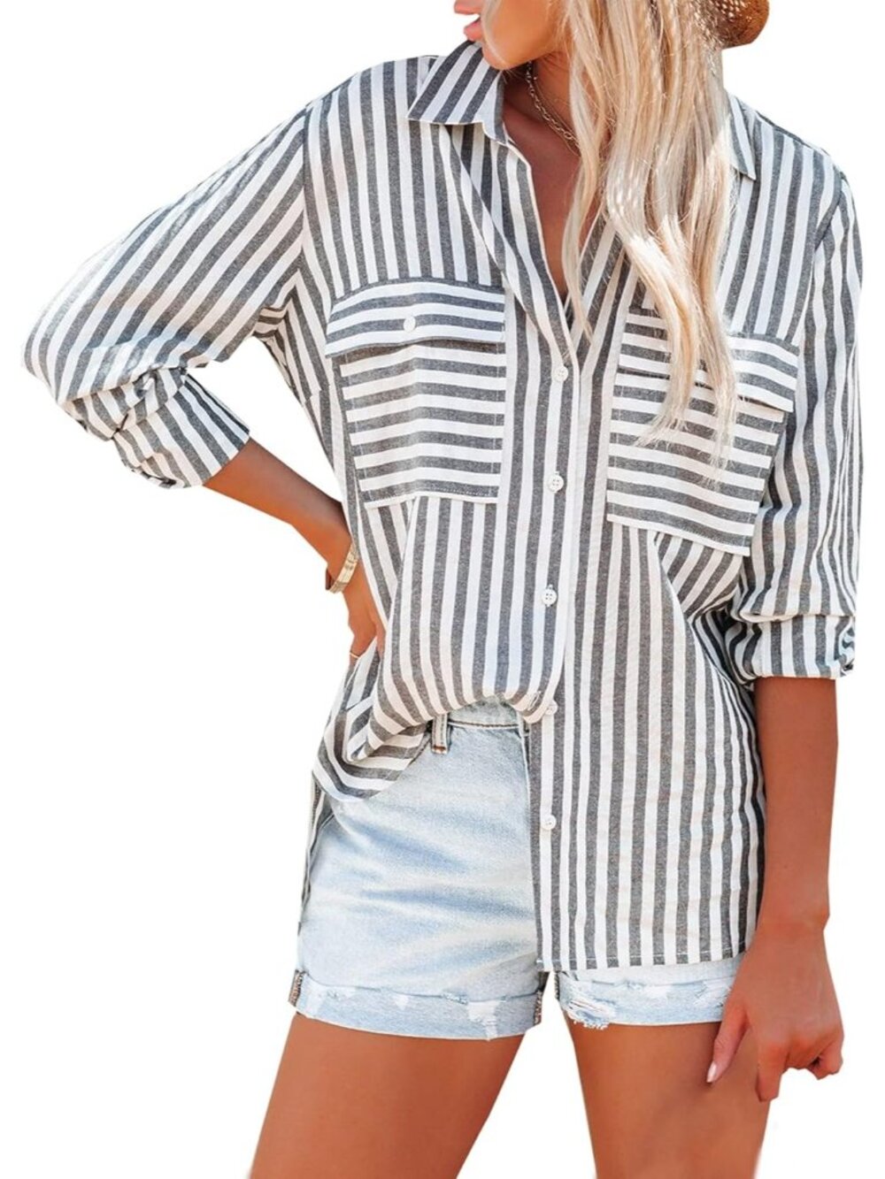 🆕Women's Black Long Sleeve Button Down V Neck Casual Blouses Shirts